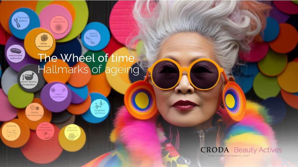 Older asian woman with grey hair looking at the camera. She is wearing very colourful and eccentric clothes with giant earrings and glasses that obscure her eyes. Her hair is styled up in a very avant garde style. Behind her are colourful discs arranged in a chaotic pattern.