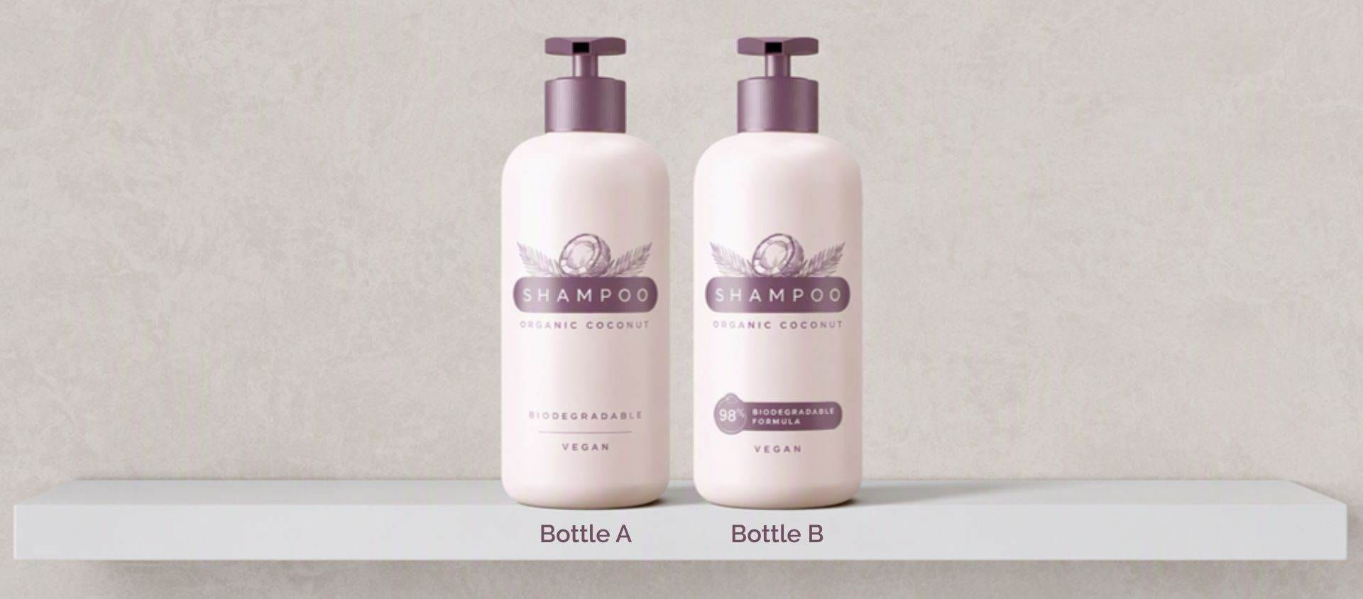 Two shampoo bottles showing labels for biodegradability