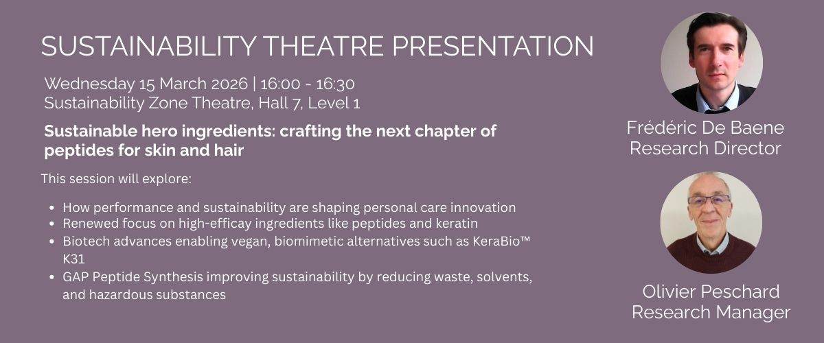 Banner promoting a sustainability presentation at in-cosmetics 2026