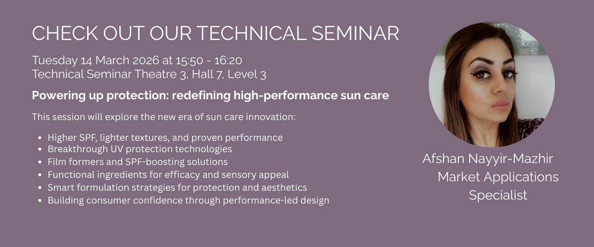 Banner promoting technical seminar at in-cosmetics 2026