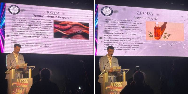 Image depicts a speaker at the CEW Beauty Awards, a white middle-aged man standing at a podium with a slide behind him showing Natrineo CR8.