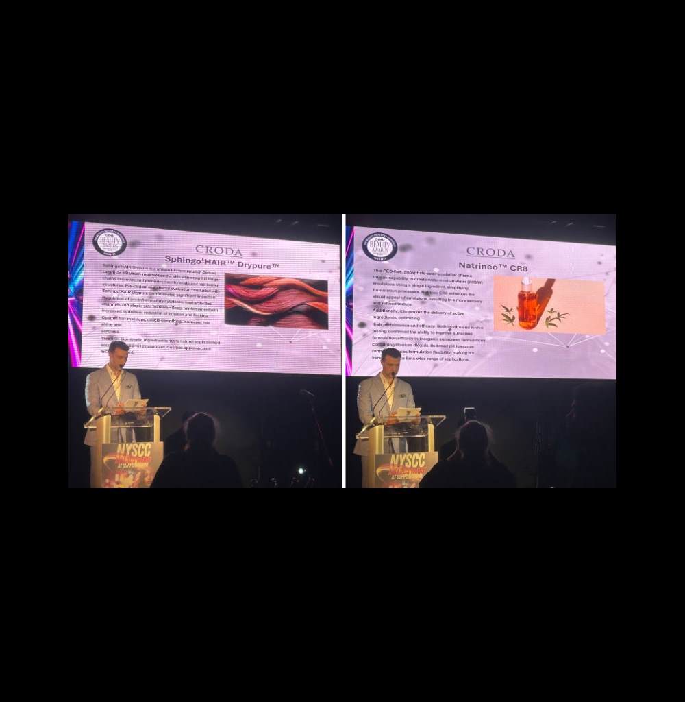 Image depicts a speaker at the CEW Beauty Awards, a white middle-aged man standing at a podium with a slide behind him showing Natrineo CR8.