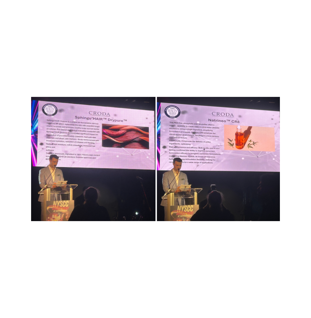 Image depicts a speaker at the CEW Beauty Awards, a white middle-aged man standing at a podium with a slide behind him showing Natrineo CR8.