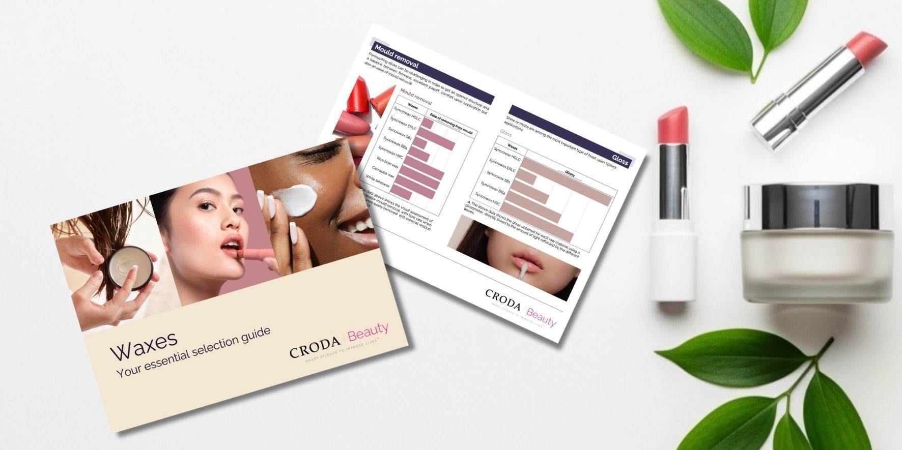 Syncrowax waxes guide on a background of leaves stick products and creams