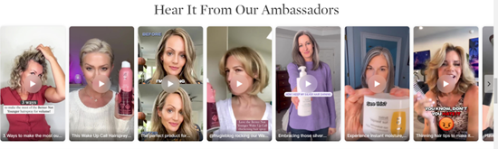 A strip of photos of older women. There are 7 women featured. In front of each is a play logo indicating these are screen shots from tik tok or a similar video platform.