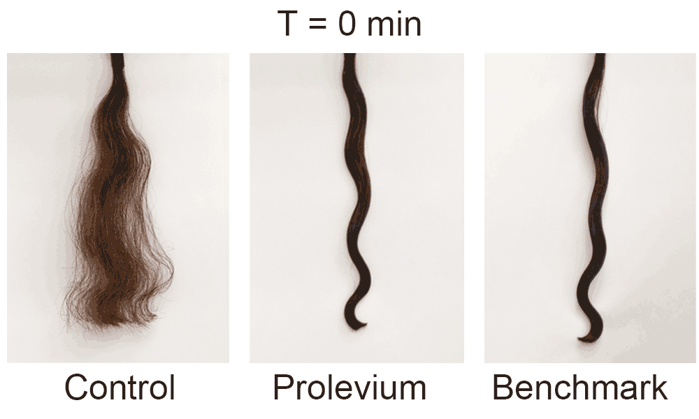 Diagram showing 3 strands of hair 0 minutes after treatment. The control strand is extremely frizzy and wide. The strand treated with prolevium is perfectly smooth with tight curls. The benchmark is very similar to prolevium but even at 0 mins it is noticeably less smooth and frizzier.