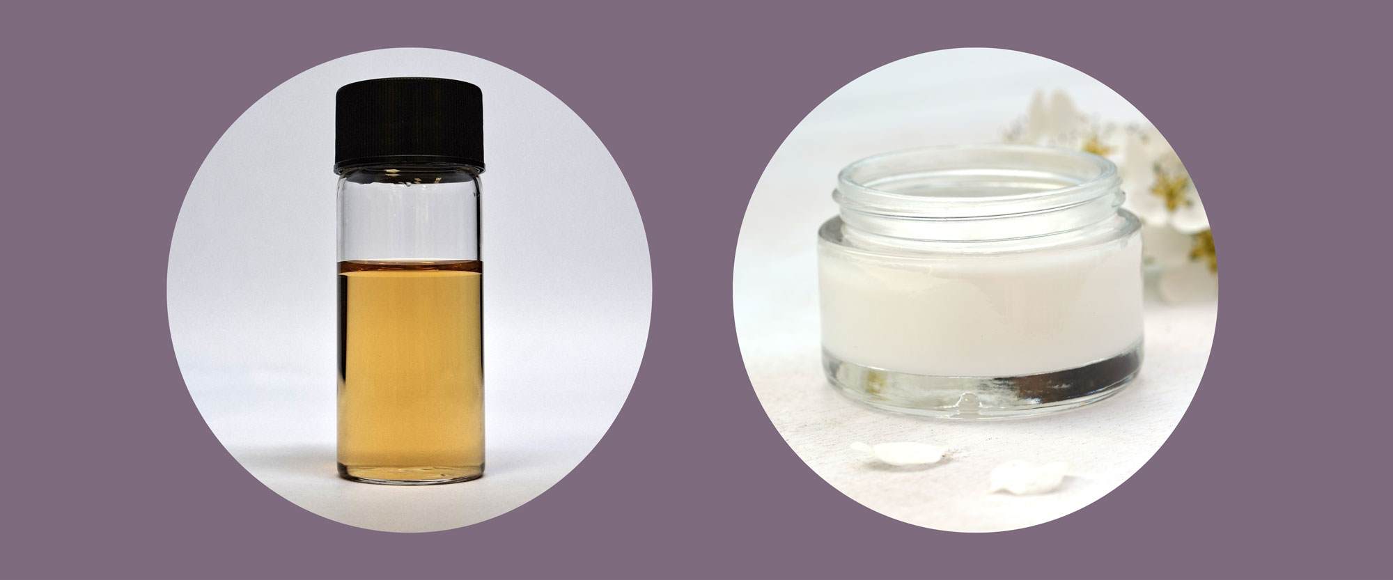 Photo of a glass vial containing a pale amber liquid which is KeraBio K31 and photo of a glass jar containing a smooth white emulsion, it is a hair mask containing KeraBio K31