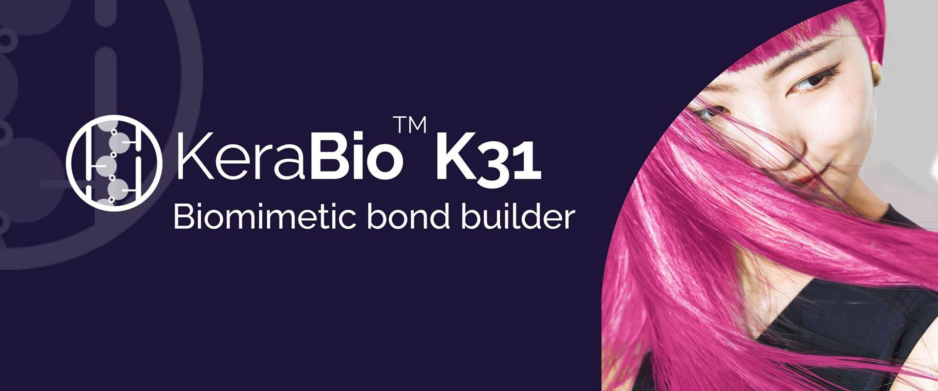 KeraBio K31 brand image, a woman with vibrantly dyed and healthy pink hair