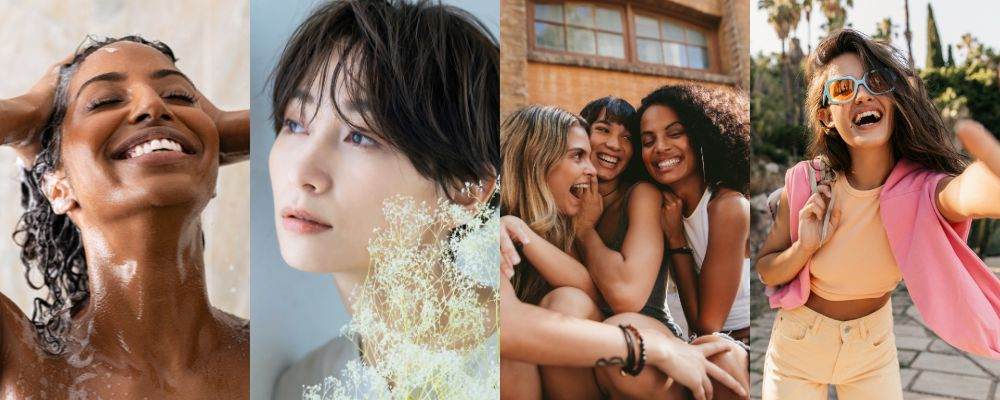 4 images to show hair care trends. 1 - washing curly hair, 2 - woman with flowers in hair, 3 - happy group in city, 4 - happy person in sun