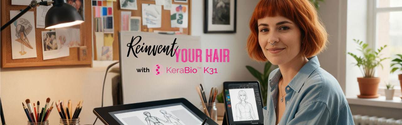 Kerabio K31 promo image. The head of a smiling white woman with red hair. Her hair is flying out as if she is jumping or dancing. Text reads "reinvent your hair, reinvent yourself, kerabio k31"