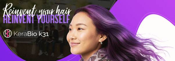 Kerabio K31 promo image. The head of a smiling east asian woman with long purple hair. Text reads "reinvent your hair, reinvent yourself, kerabio k31"