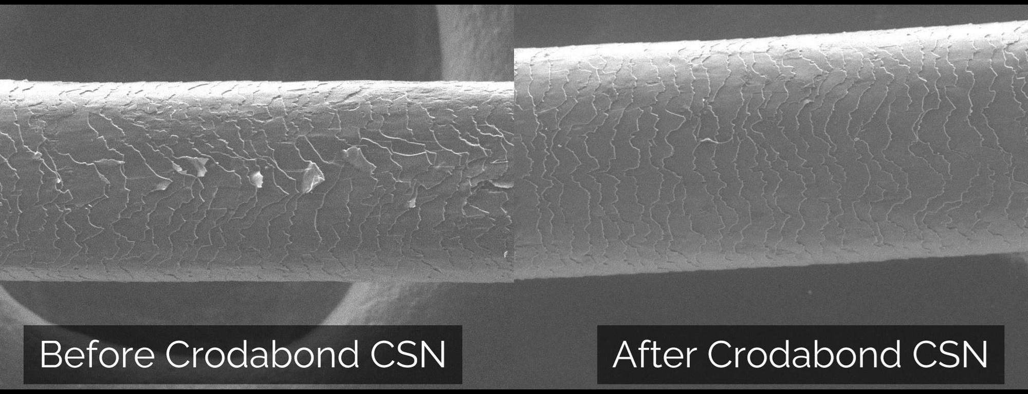 A side by side extreme close-up showing the same hair follicle before and after Crodabond CSN has been applied. On the left you can se obviously raised cuticles. On the right these have been smoothed down,
