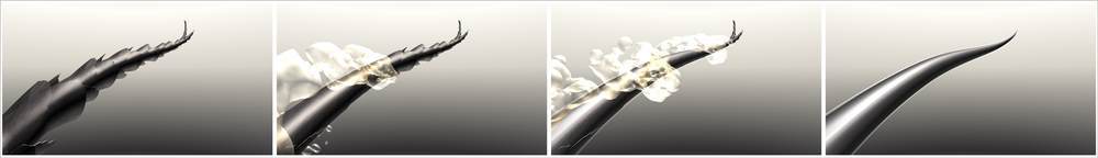 Series of 4 images showing how Crodabond CSN repairs damage hair. The first image is a render of a damaged hair showing lifted cuticles. The 2nd shows the application of Crodabond CSN as a pink liquid which removes the lifted cuticles. The 3rd shows this advancing. The final image shows a hair that is completely smooth and shiny with no raised cuticles.