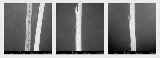 Diagram showing close-ups on a hair treated with Crodabond CSN. From left to right. Image 1 shows a visible split end. This is before treatment.  Image 2 shows the split end completely sealed with Crodabond CSN immediately after treatment. Image  3 showw how after three washes: the sealed split end remaining intact, showcasing Crodabond CSN’s durability