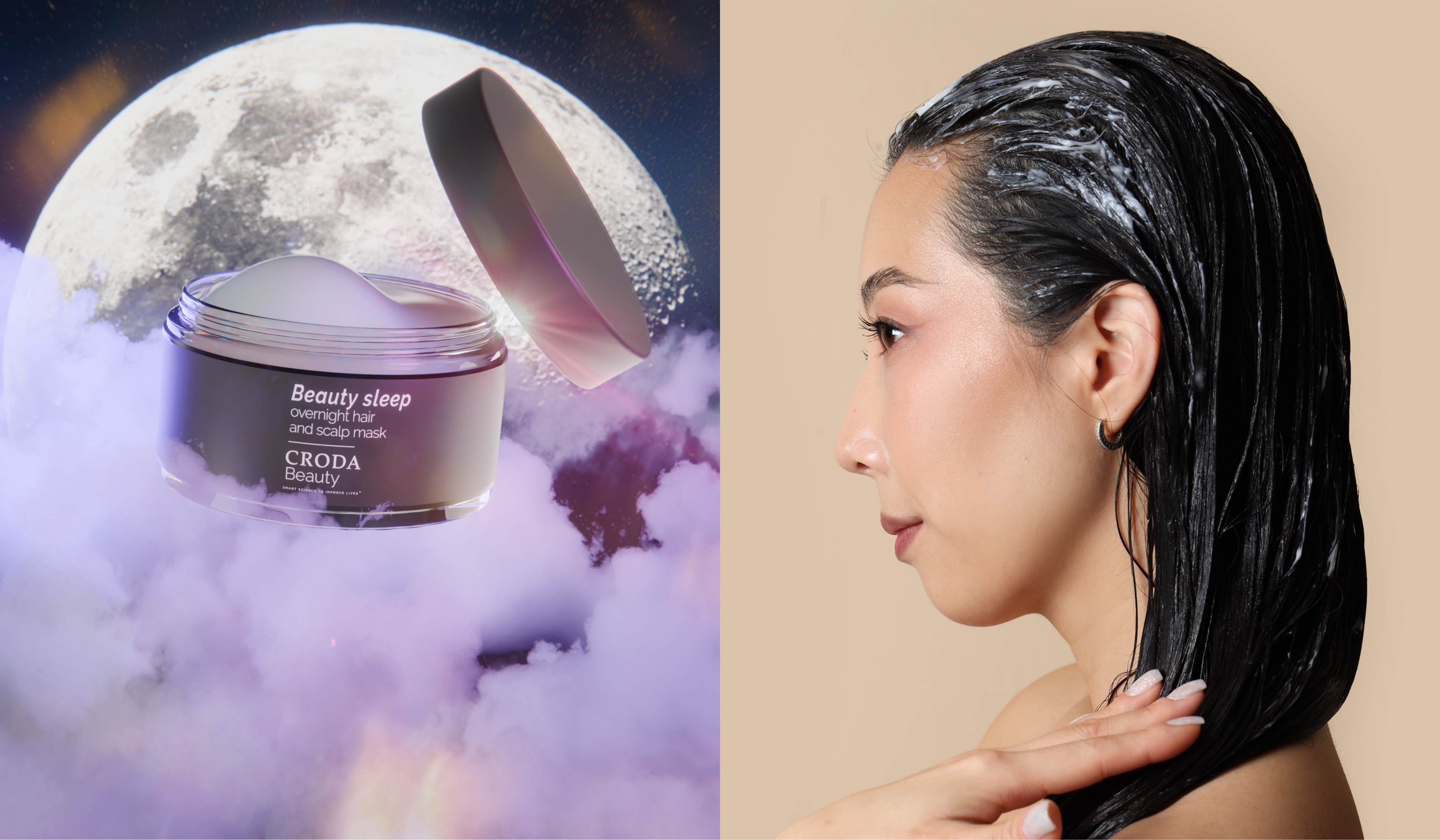 Split image. Left – Beauty Sleep Overnight Hair and Scalp Mask concept formulation floating amongst clouds and moon with purple glow. Right – Asian woman looking to the side with hair mask on.