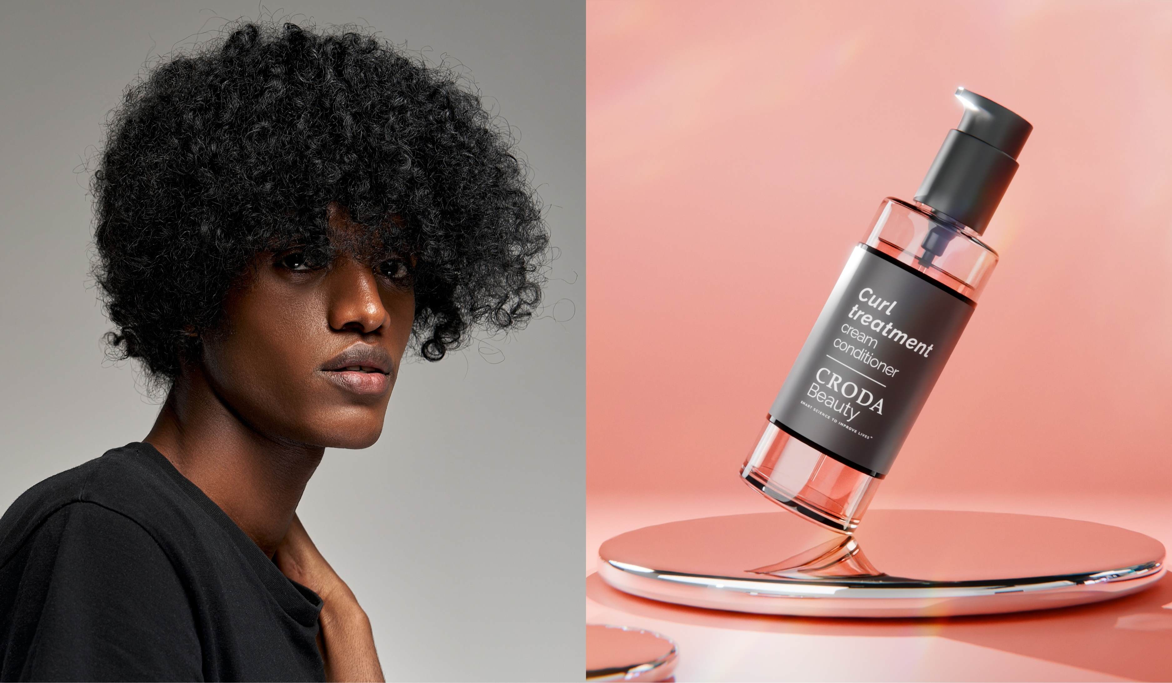 Split image. Left – Black man with curly hair across face. Right – Curl Treatment Cream Conditioner concept formulation balancing on mirrored disc with pink background. 