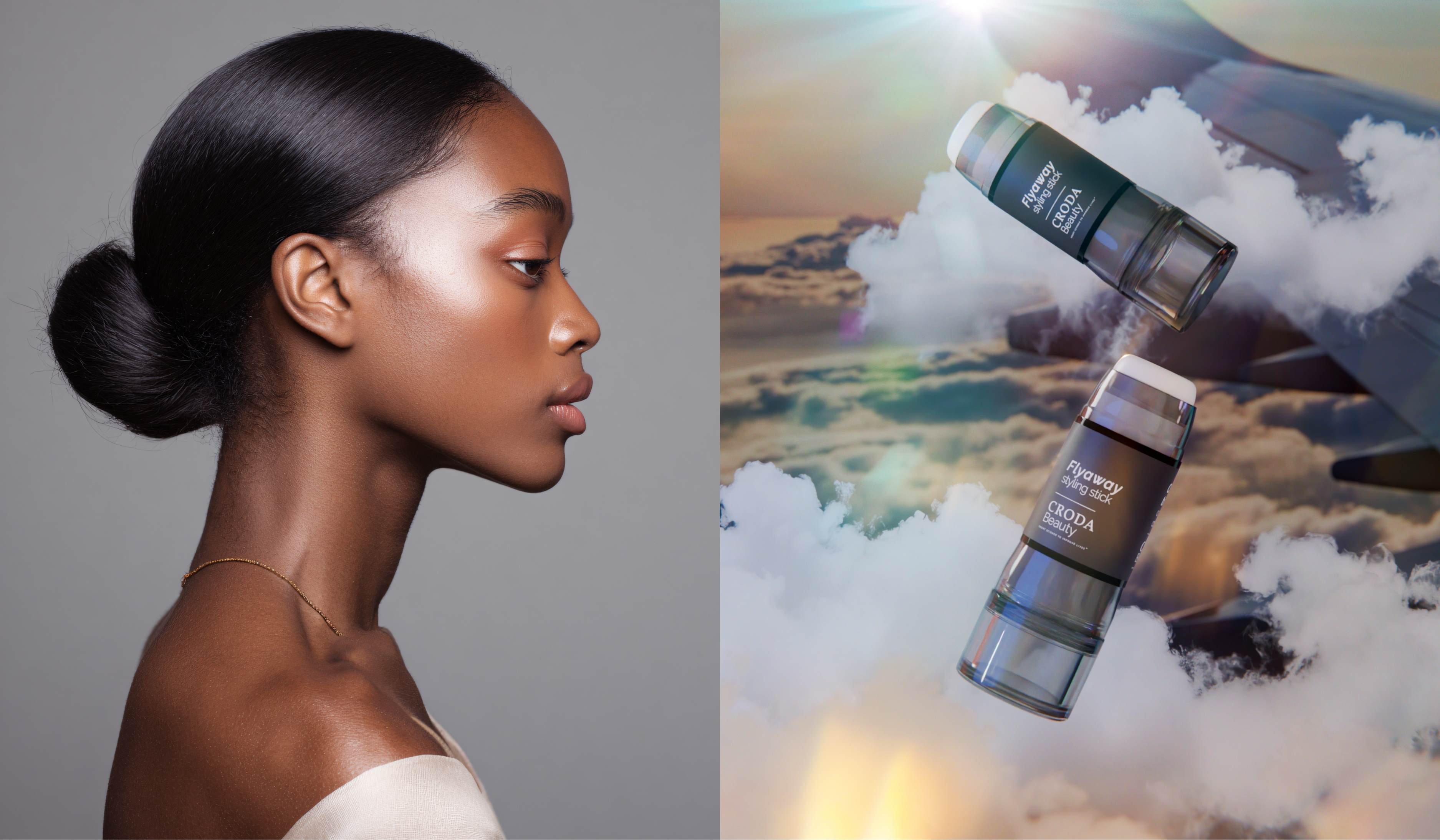 Split image. Left – Black woman with sleek bun hair updo. Right – Flyaway Styling Stick concept formulation floating against backdrop of clouds and aeroplane wing. 