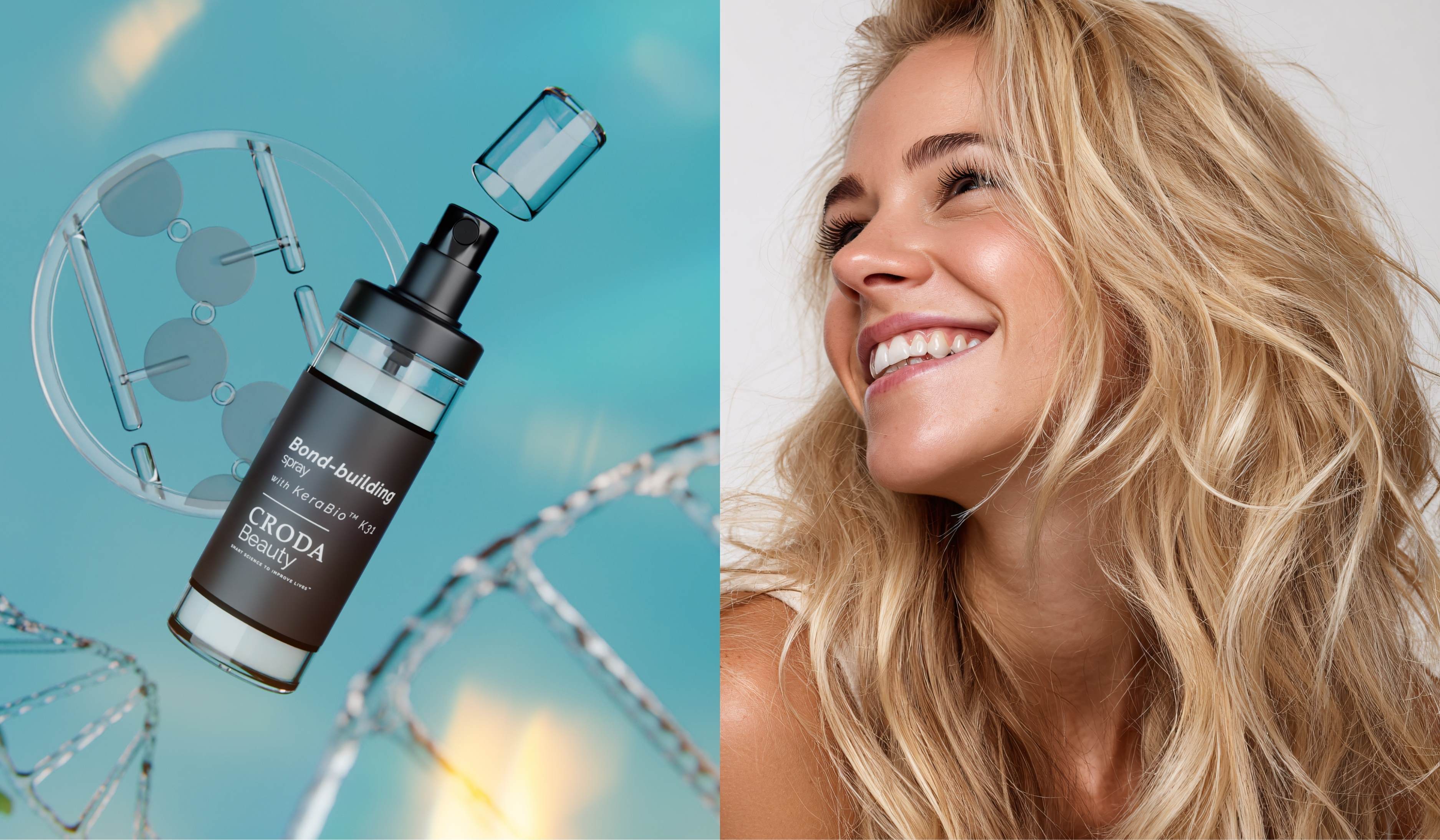 Split image. Left – Bond-building Spray with KeraBio K31 concept formulation floating amongst molecules and leaves on blue background. Right – Smiling white woman with wavy blonde hair. 