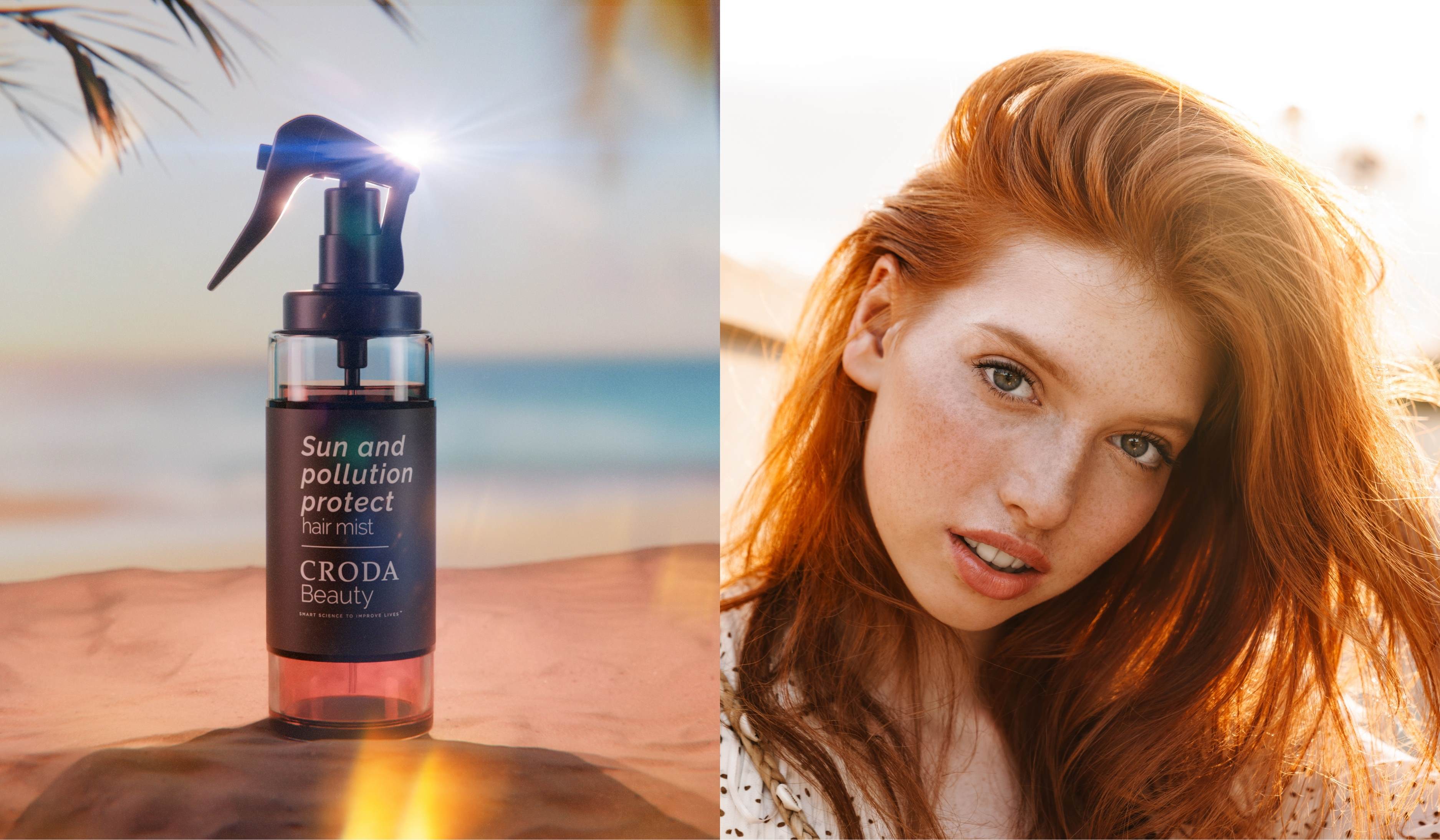 Split image. Left – Sun and Pollution Protect Hair Mist concept formulation standing on beach with sand and sea background and palm tree branches above. Right – Woman with ginger hair and freckles and the sun glowing behind her.