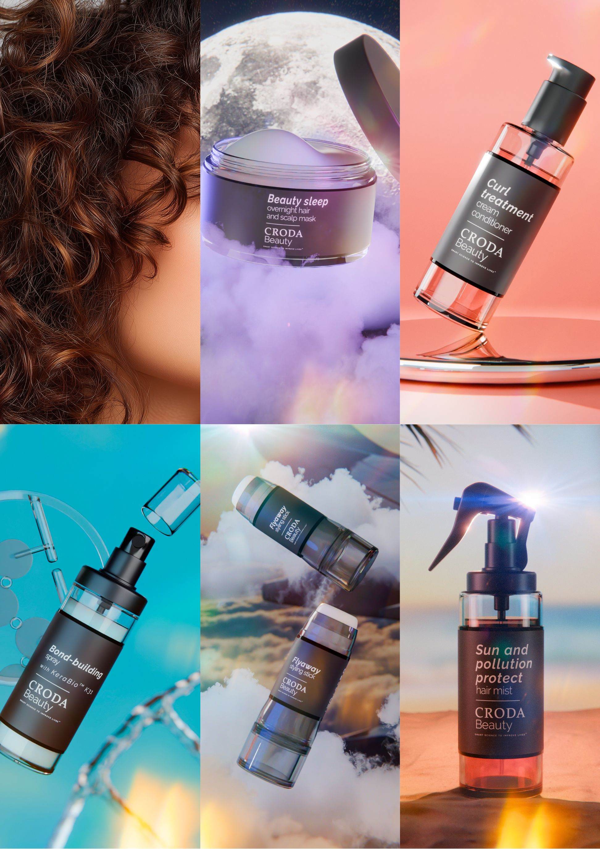 Cover photo for formulation overview presentation showing curly hair and five different formulation concepts