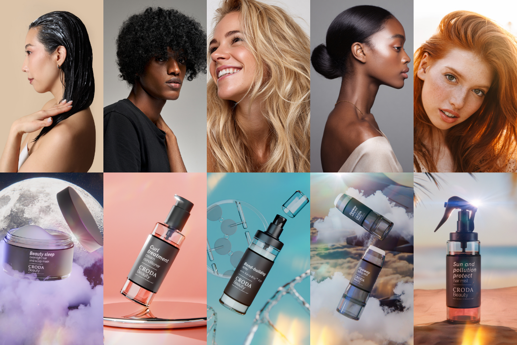 trending in hair care formulation collection. 2 rows of images -with top row various images of hair styles and bottom row different hair care packaging