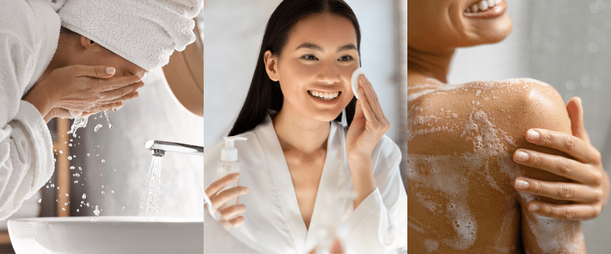 Banner image featuring 3 photos. Image 1 - woman washing face over the sink. Image 2 – Asian woman smiling into mirror while holding cleanser and cotton pad Image 3 – foaming cleanser across back and shoulders 