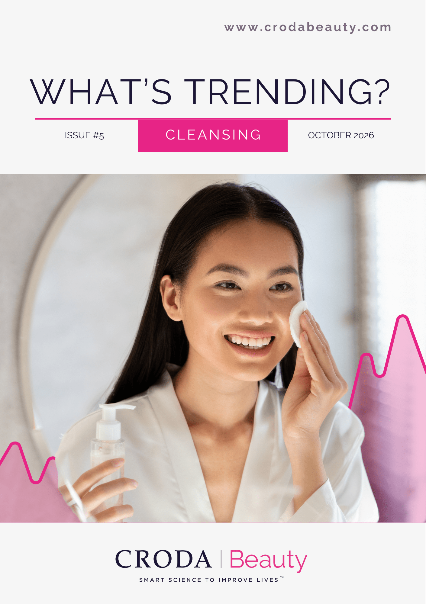 Skin cleansing - Trend snippet - Issue 5 - Booklet cover image featuring female cleansing face with cotton pad