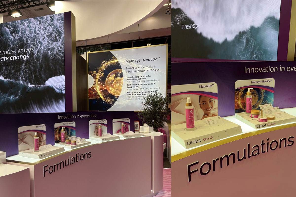 In-Cosmetics Global 2026におけるCroda Beautyの処方バーの写真2枚。MalvallinとMatrixyl Neolideを配合した処方を紹介