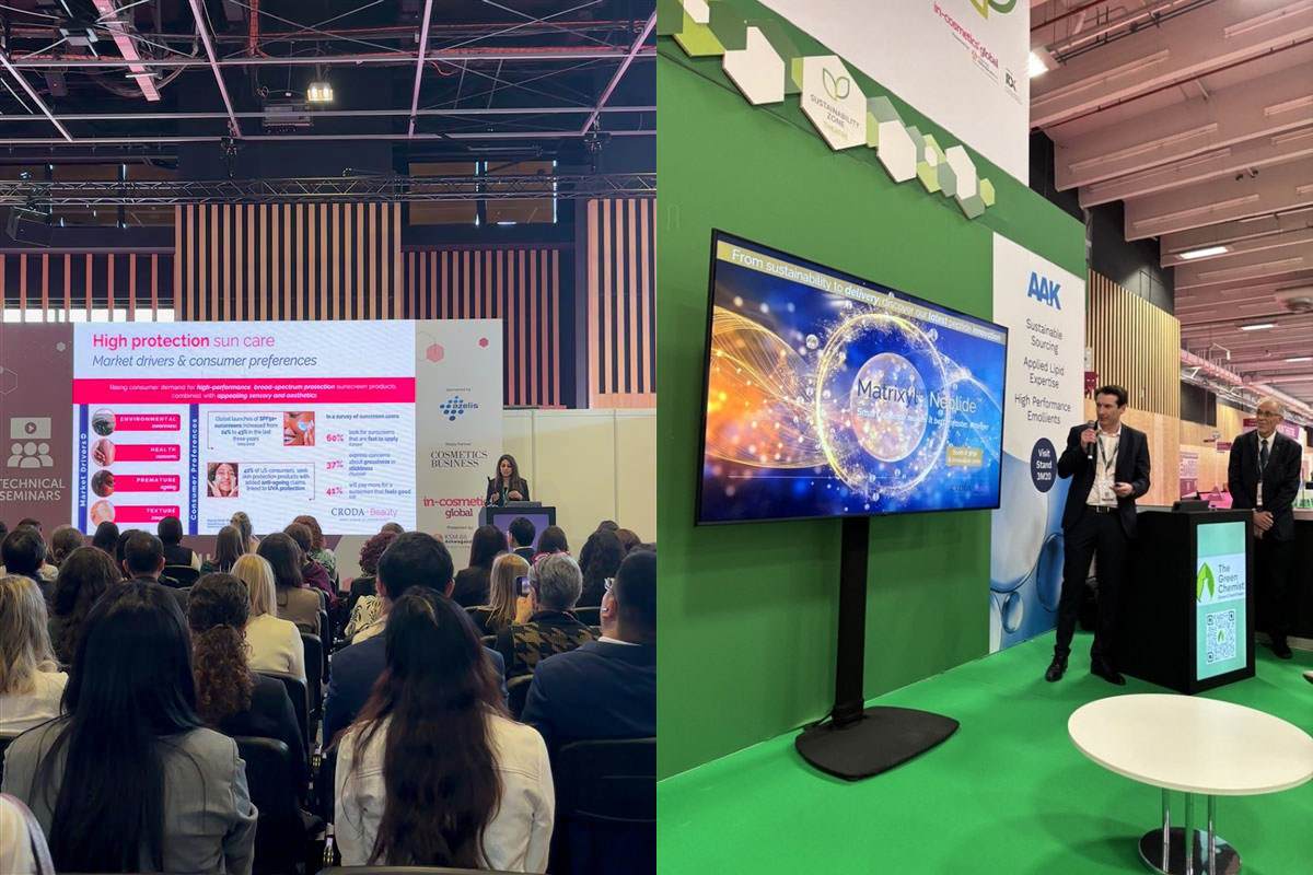 In-Cosmetics Global 2026での2名のプレゼンターの写真。左側は、Afshan Nayyir-Mazhir氏が「保護力の強化:高性能サンスケアの再定義」について発表しています。右側は、オリヴィエ・ペシャルド(リサーチマネージャー)とフレデリック・ド・バエヌ(バイオテクノロジー研究ディレクター)で、サステナビリティ・ゾーン・シアターにて「サステナブル・ヒーロー・イングリディエンツ:肌と髪のためのペプチドの新たな章を紡ぐ」と題して講演を行いました。