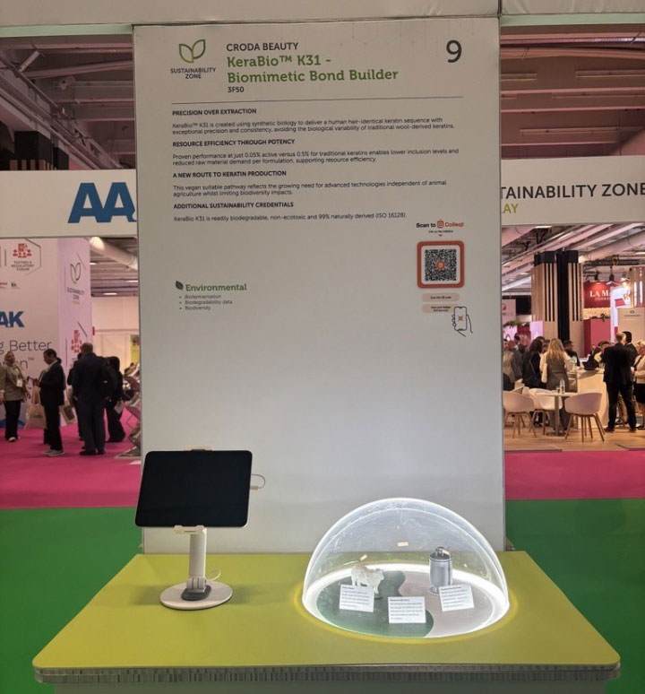 In-Cosmetics Global 2026におけるクロダ・ビューティーのサステナビリティ展示ブース。KeraBio K31を紹介しています。
