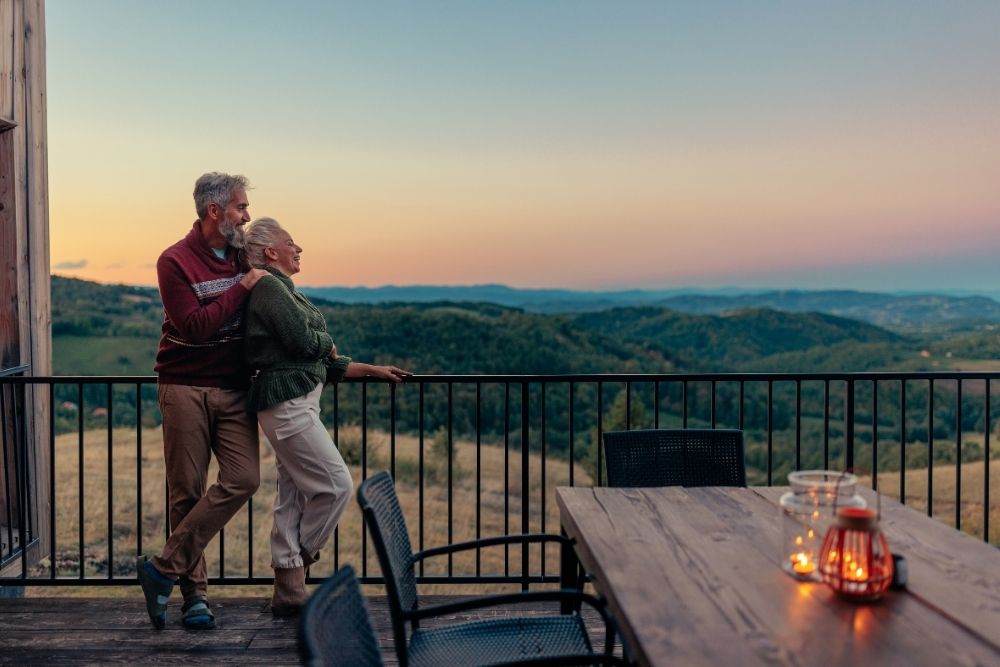 older white couple with grey hair landscape longevity skin care hair care