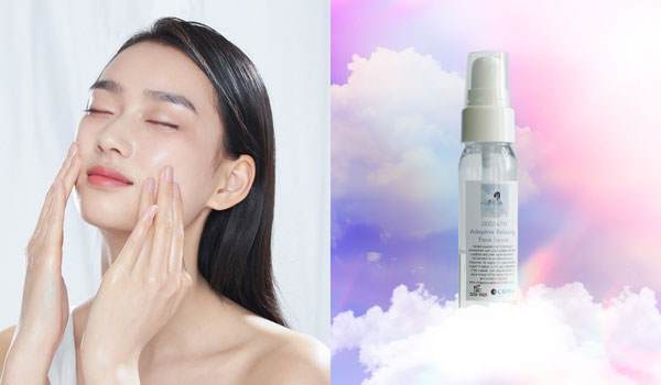 split image with woman applying serum to face on the left and the Adaptive Relaxing Face Serum formulation on the right