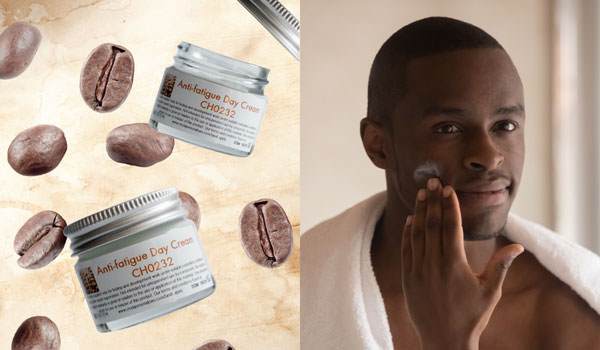 split image with Anti-fatigue Day Cream formulation on the left and man applying skin cream to face on the right