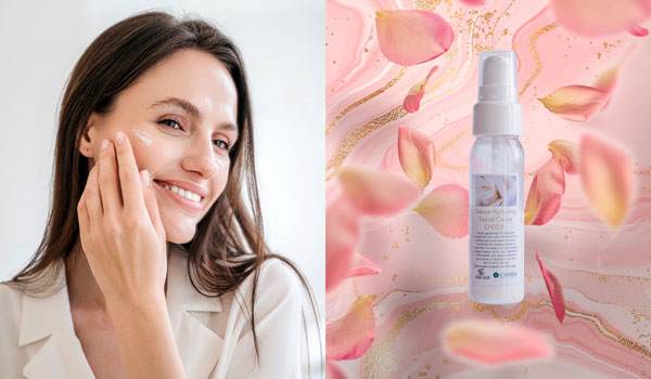 split image with woman applying cream to face on the left and the Deluxe Hydrating Facial Creme formulation on the right