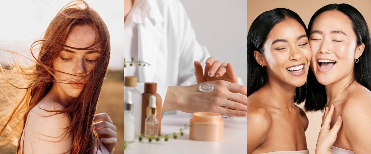 Banner image featuring 3 photos. Image 1 - woman in sunshine with hair blowing. Image 2 - formulator applying beauty product to hand. Image 3 - Two women smiling and embracing, highlighting healthy, glowing skin.