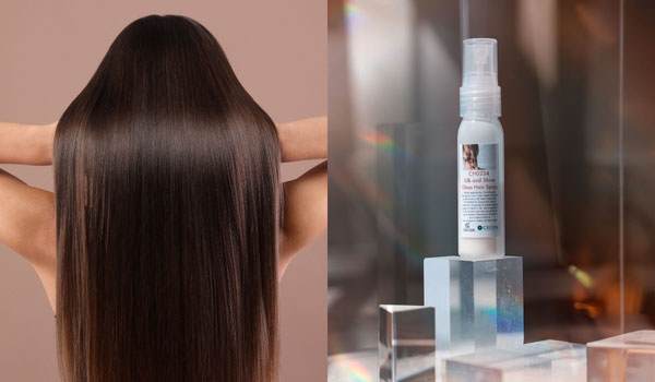 split image with long shiny hair on the left and the Silk and Shine Glass Hair Spray formulation on the right