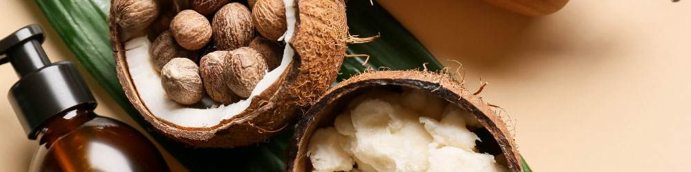coconut shells containing butter and nuts with leaf and beauty product