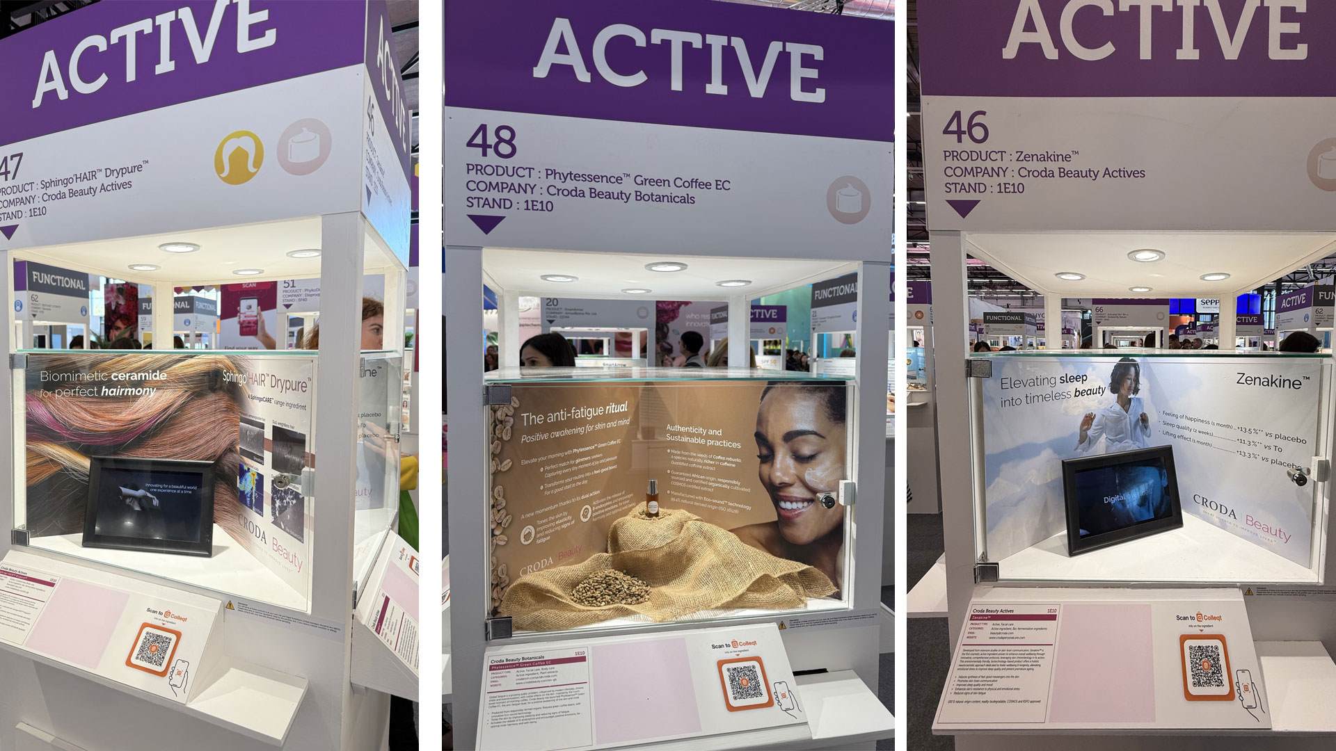 The innovation stand for Croda Beauty at in-cosmetics Global 2025. From left to right, the SphingoHair drypure stand with a tablet.  The Phyressence Green Coffee EC stand with raw beans  + a sample to smell in a bottle. The Zenakine stand with a tablet.
