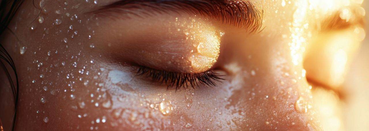 Close-up on the eyes of   young white woman as she enjoys a glimmer. she is covered in water.