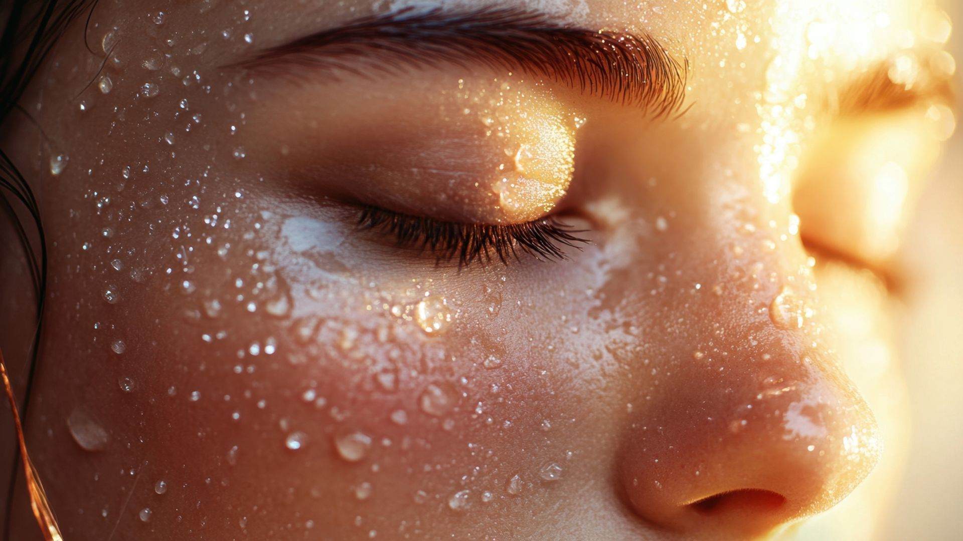 Close-up on the eyes of   young white woman as she enjoys a glimmer. she is covered in water.