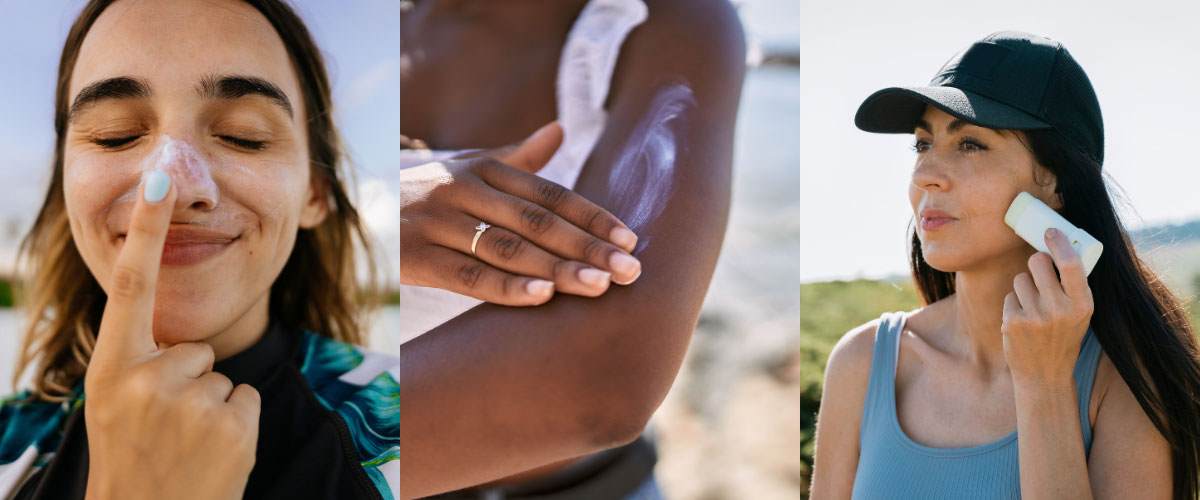 Banner image featuring 3 photos. Image 1 - smiling woman applying sun cream to nose. Image 2 - hand applying sun cream to arm Image 3 - woman outside applying sun stick to face