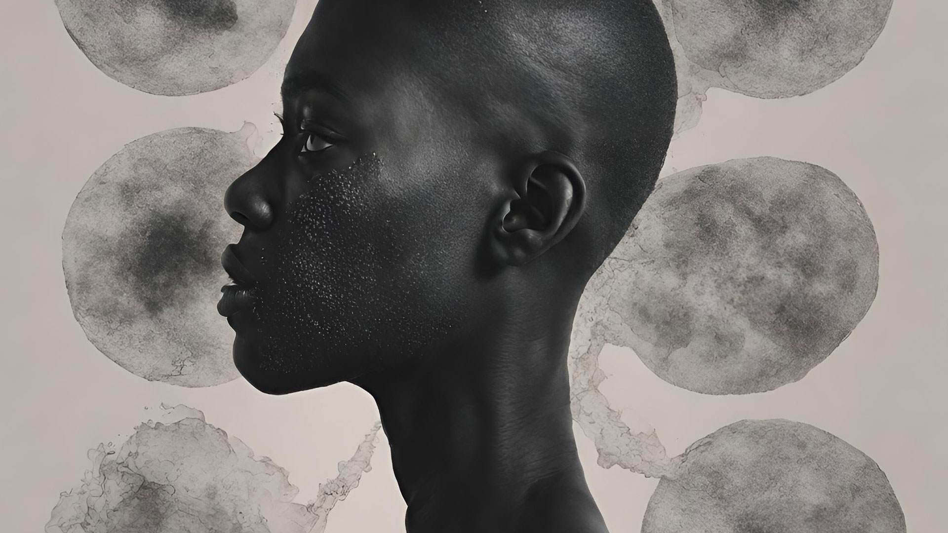 Stylised black and white photo of a black woman's head looking to the left. She has a shaven head. Her skin has a pattern of scarring.
