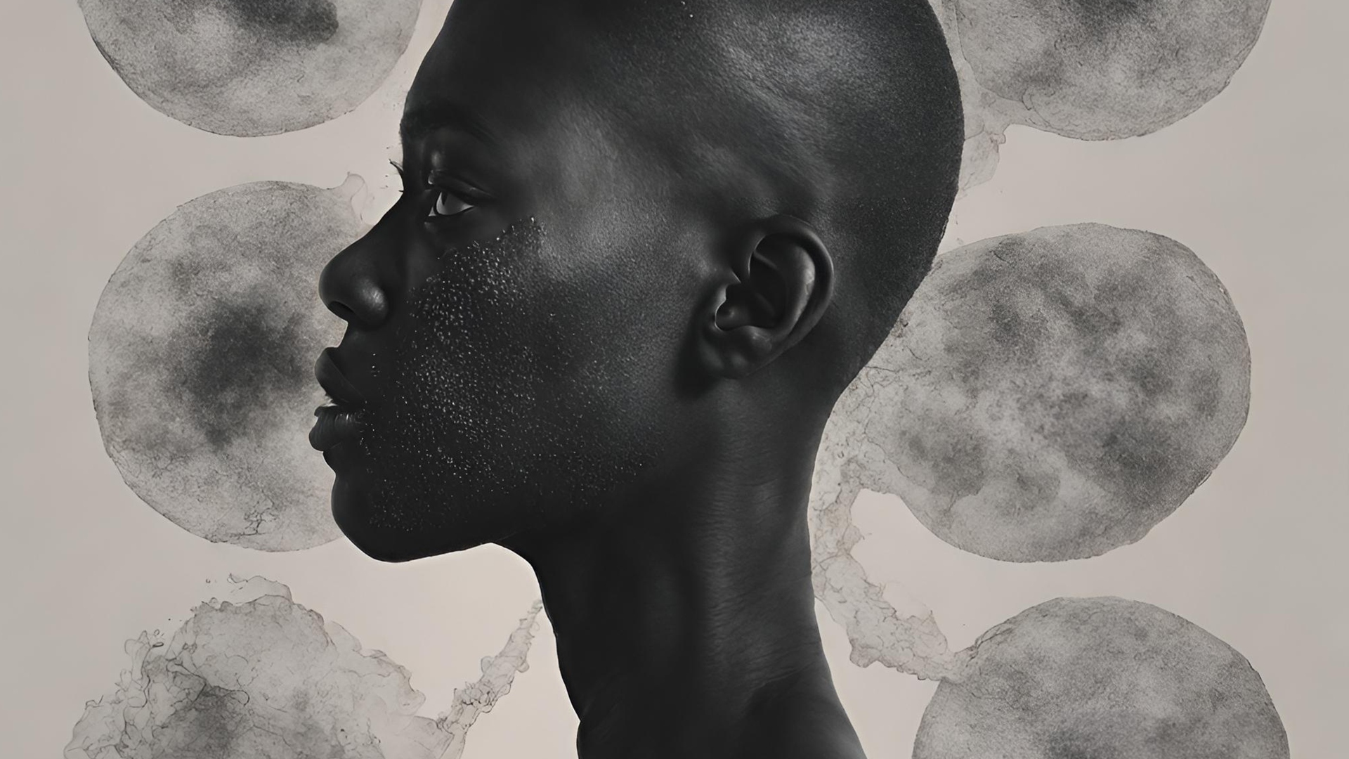 Stylised black and white photo of a black woman's head looking to the left. She has a shaven head. Her skin has a pattern of scarring.