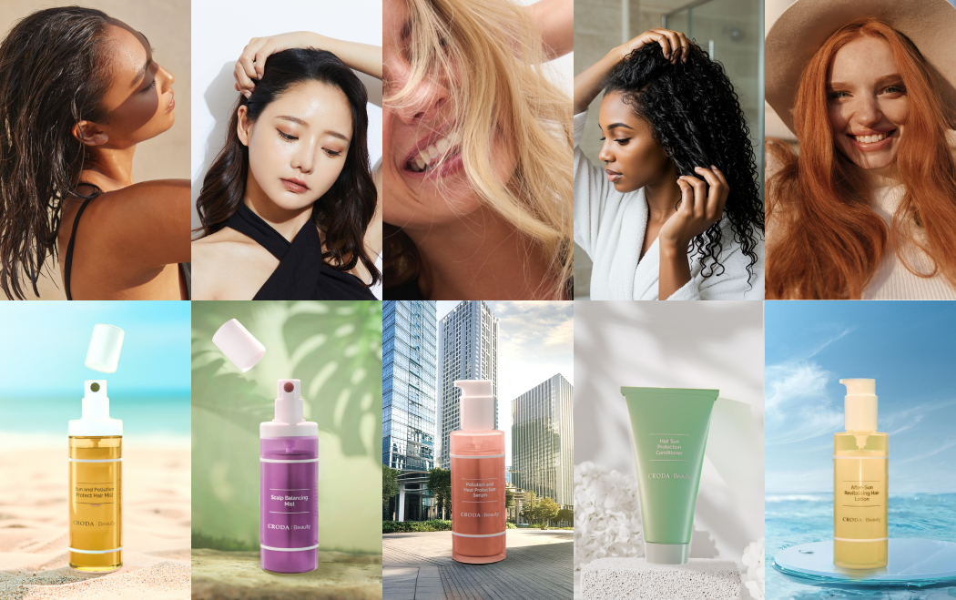 climate adaptive hair care formulation collection. 2 rows of images -with top row various images of hair styles and bottom row different hair care packaging
