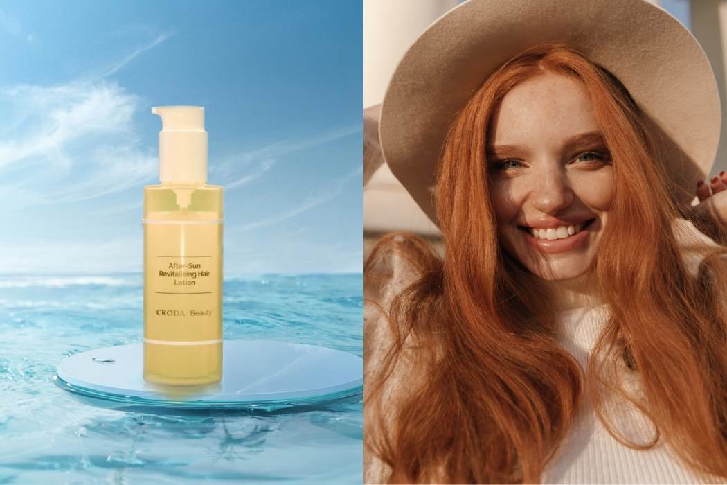 hair care climate adaptive formulations After Sun Revitalising Hair Lotion bottle and female with red hair sun on face and hat landscape