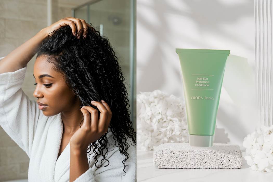 hair care climate adaptive formulations Hair Sun Protection Conditioner bottle and black female holding hair landscape