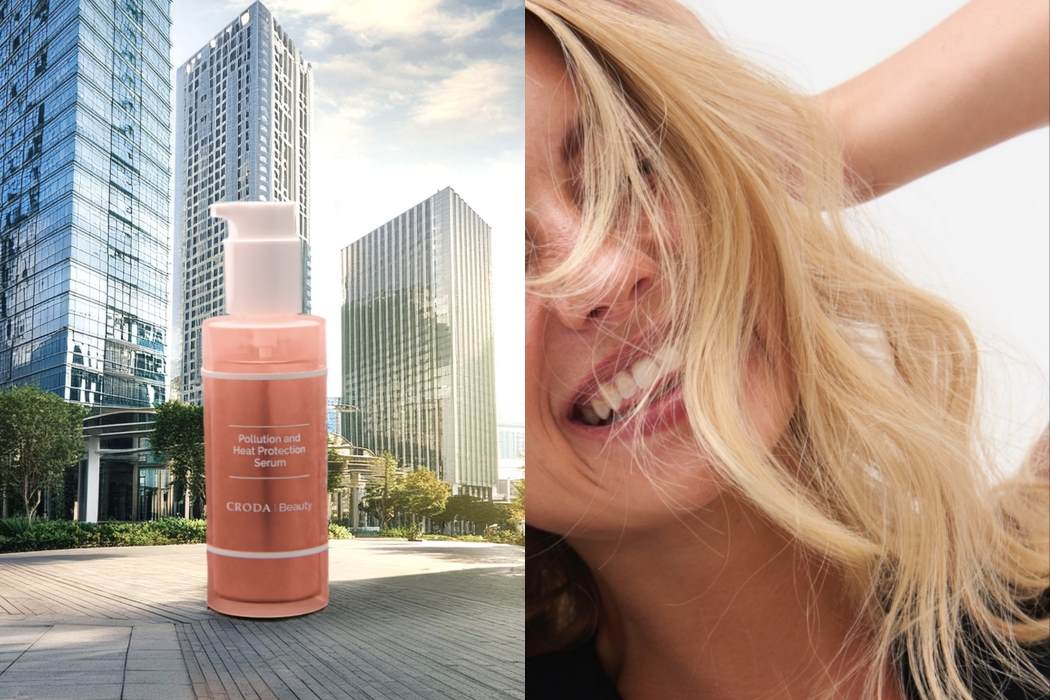 hair care climate adaptive formulations Pollution and Heat Protection Serum bottle and white female blonde hair smiling in sun landscape