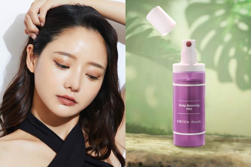 hair care climate adaptive formulations Scalp Balancing Mist bottle and Asian female looking down and holding hair and scalp landscape