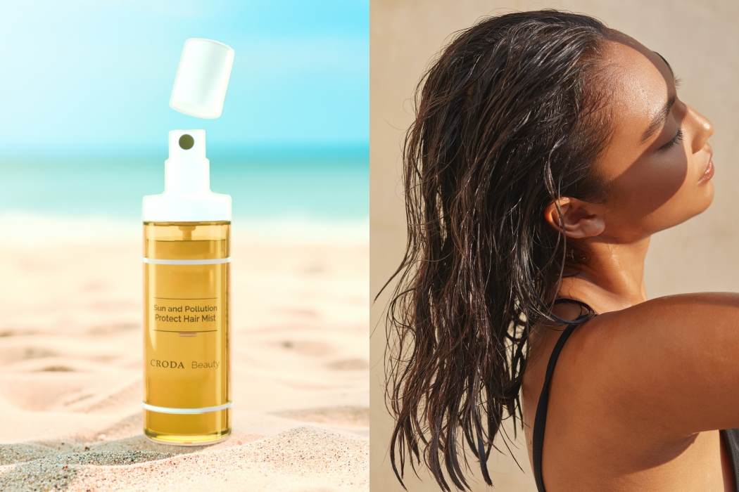 hair care climate adaptive formulations Sun and Pollution Protect Hair Mist bottle and female with damp wavy hair and sun and shade across face landscape