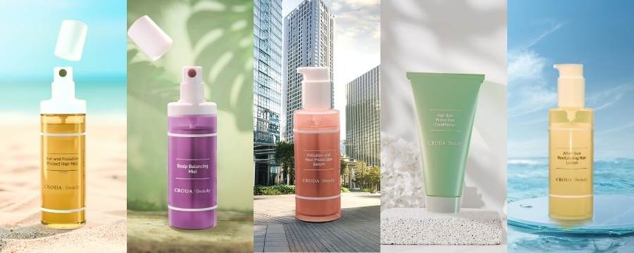 hair care five climate-adaptive formulation concepts in bright colours and backgrounds including beach and city 1080 x 450
